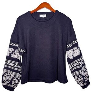 THML Embroidered Sleeve Sweater Mixed Media Top Size Small in Black